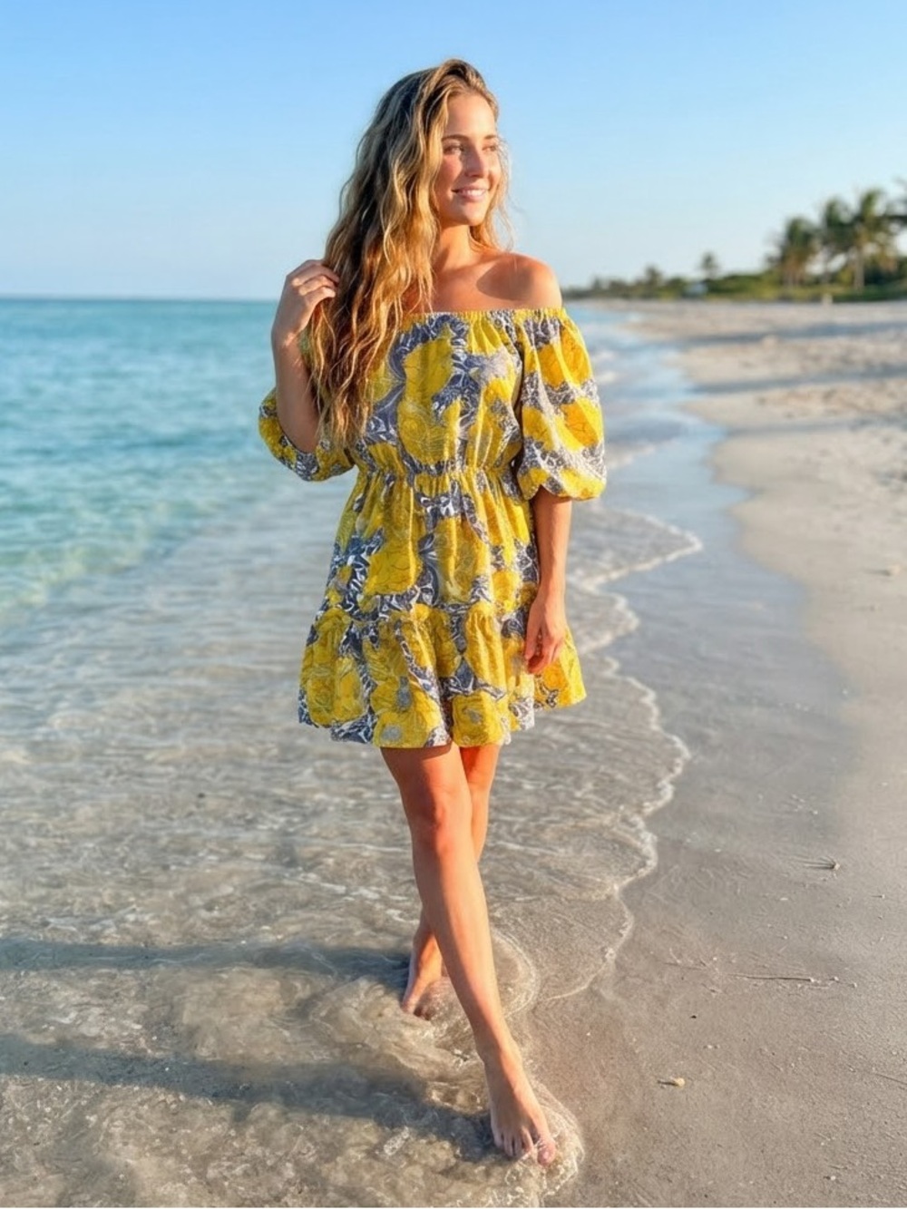 $65 NWOT L Love Yellow & Gray Floral Off-Shoulder Dress – Size Small